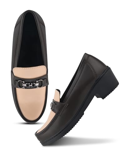 Image of JM LOOKS Elegant Two-Tone Slip-On Loafers with Block Heel and Sophisticated Metallic Bit Ornament for Formal Wear