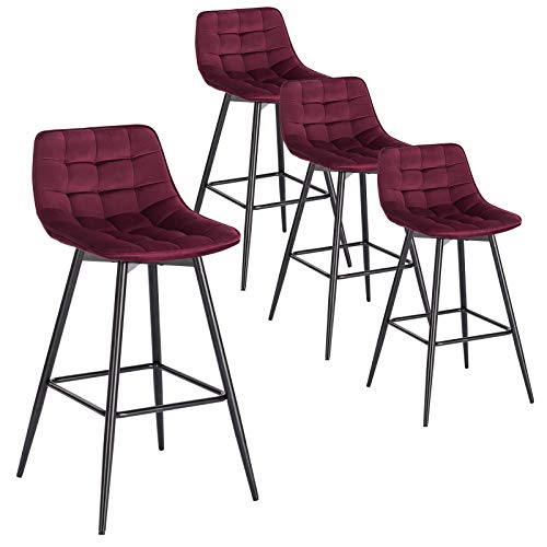 WOLTU 4 X Tabouret de Bar Bistro Chaise de Bar Assise rembourrée en Velours avec Pieds et Repose-Pieds en métal,Bordeaux BH143bd-4