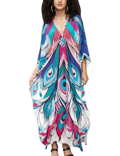 Snyemio Strand Kaftan Damen Bunt Übergröße Strandkleid Sommer Lange Tunika Maxikleid Große Größen,Farbe 1,Einheitsgröße