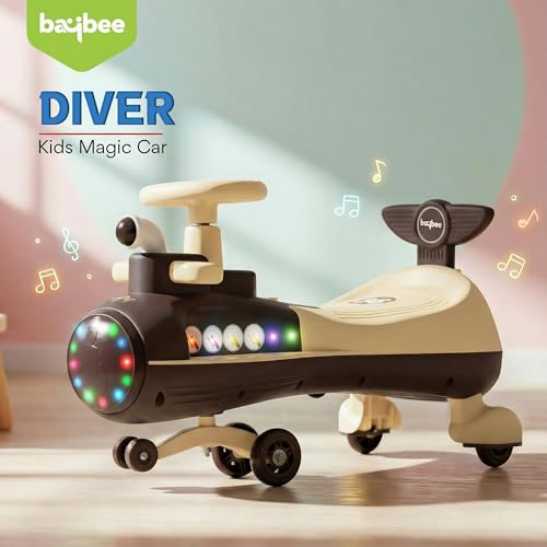 Image of Baybee Diver Baby Swing Cars for Kids | Indoor Wiggle Push Baby car with Floor Lights | Twister Ride on Kids Car with RGB Lights, Music & Backrest | Magic Car for Kid 2 to 5 Years (Brown)