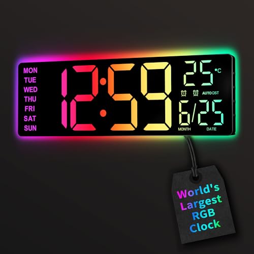 Digital Wall Clock 16.5" with Remote, 11 RGB Lights, Bluetooth Sync, Auto DST, Auto Dimmer, Dual Alarms, 12/24H, Temperature, Countdown, Night Light, Large Digital Clock, for Living Room, Gaming, Gym