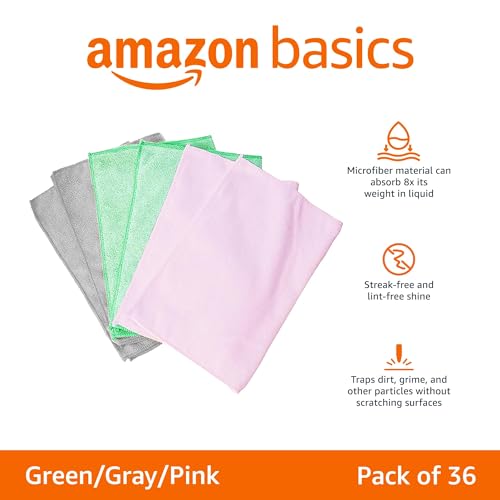 Amazon Basics Microfiber Cleaning Cloths, Non-Abrasive, Reusable and Washable, Pack of 36, Green/Gray/Pink, 16" x 12"