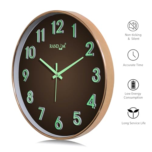 Image of RANDOM Modern 12.75INCH Wall Clock with 3D Radium Numbers, Silent Non-Ticking, Premium Copper Frame, Ultra Clear Glass for Living Room, Home Office
