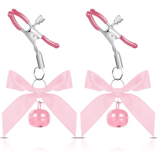 Quilax 2Pcs Body Jewelry Non Piercing, Adjustable Nipple Clamps for Adult, Stainless Steel Bow Nipple Clips with Bell, Pressure Nipple Clamps with Chain, Pink Nipple Jewelry for Adults