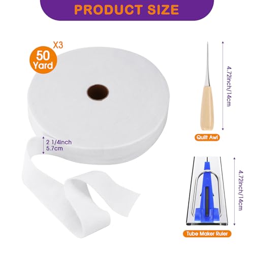 3 Rolls Jelly Roll Batting Strips for Rugs, Jelly Roll Fabric 2 1/4 Inch Total 150 Yards Cotton Blend Quilt Batting with Accessories Sasher Tool Awl Tube Maker Ruler Quilting for Upholstery Projects