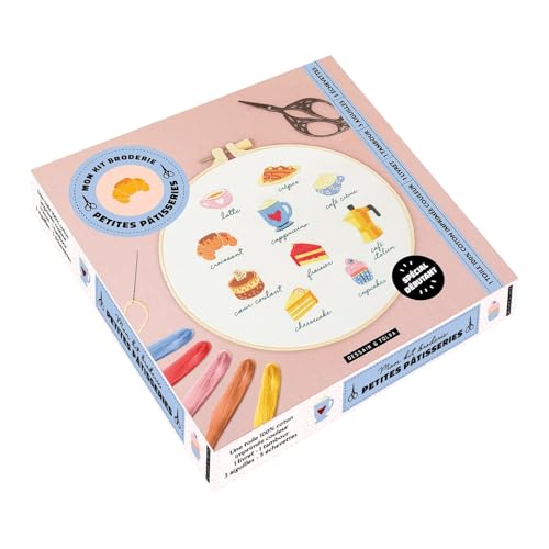 Mon kit broderie Petites pâtisseries: Coffret spécial débutant avec 1 livret explicatif, 1 toile à broder, 3 aiguilles, 1 tambour et 5 échevettes de fil