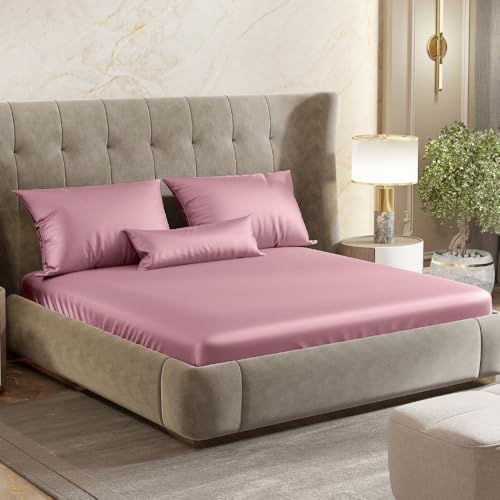 haus & kinder Satin Fitted Bedsheets Queen Size, 300 TC Premium Double Bedsheet Elastic Fitted, 60 X 78 X 10 Inches Satin Bed Sheet with 2 Pillow Covers -Muted Rose