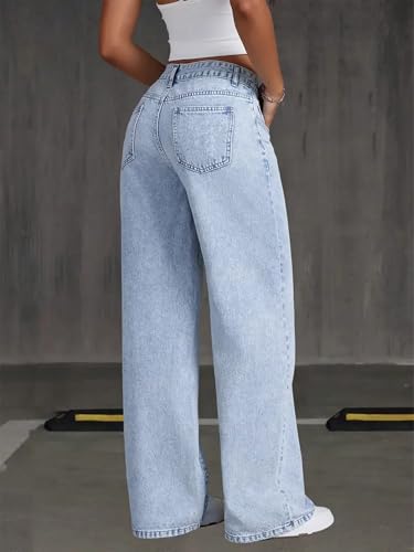 Women's Mid Rise Wide Leg Jeans - Non-Stretch Light Blue Denim, Comfort Waistband & Faded Wash, Size 24-324