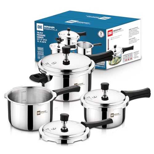 Image of Bergner BE Essentials Triply Pressure Cooker 3 Pcs Set - 5L, 3L and 2L Outer Lid Pressure Cooker Combo, Even Heat Distribution, Sturdy Rivetless Handle, Healthy Cooking - Induction and Gas Stove Ready
