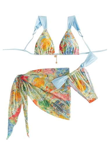 MakeMeChic Women's Halter Triangle Bikini Sets Leopard 3 Piece Swimsuit Bathing Suit Cover Up Skirt