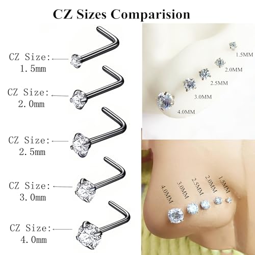 BLESSMYLOVE 316L Surgical Steel 22g/20g/18g Nose Rings Studs L-Shape Nose Nostrial Piercing Body Jewerly L Shaped Nose Studs 1.5mm 2mm 2.5mm 3mm CZ Nose Screw Studs Rings for Women