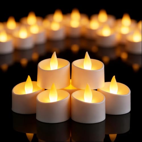 Image of Realistic Flameless LED Tea Lights - Battery-Powered Dancing Flame Candles for Weddings, Halloween, Votives | Safe Child-Resistant, Flickering Ambiance Decor (White Base, 100 Pack)
