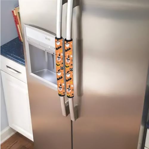 Image of 6 Pieces Fridge Door Handle Covers Washable Kitchen Appliances Handle Protector Anti-Skid Handles Glove Keep Off Smudges, Stain, Wear and Tear, Wizard Pumpkin Cat Bat Spider Web Halloween