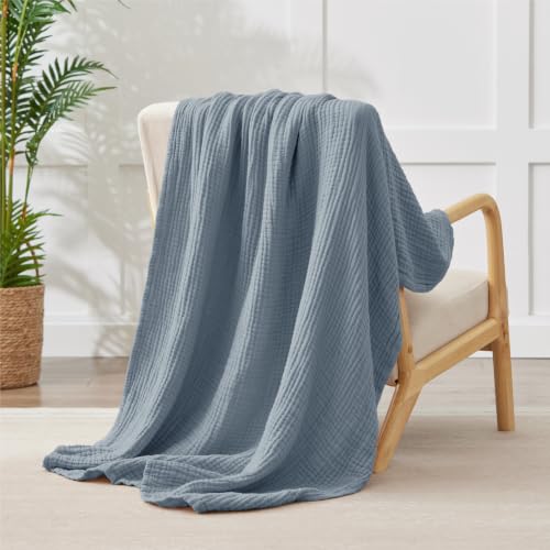 Image of Cotton Muslin Blankets for Adults, 6-Layer Large Throw, 50 x 70, Dusty Blue