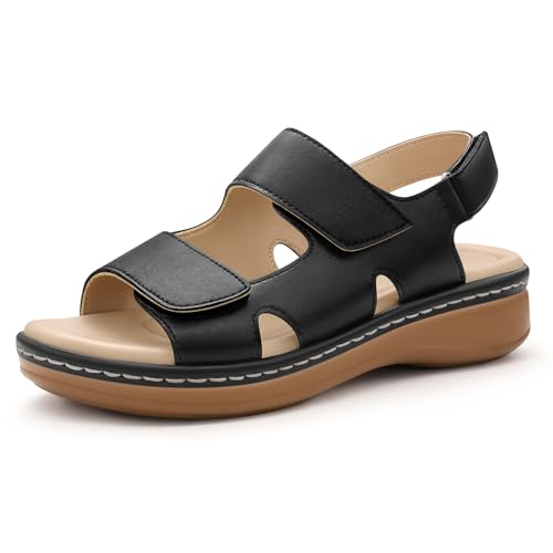 PIZZ ANNU Clara Women's Orthopedic Sandals Wedge Walking with Arch Support, Comfortable Chunky Lightweight Hook & Loop Summer Shoes for Everyday Wear Black Size 3