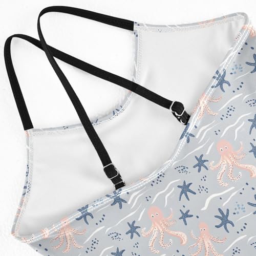 senya Girls Swimsuits One-Piece Swimwear Tie Bathing Suit Beach Summer Round Neck 5-6T Octopus Starfish Wave Pattern4