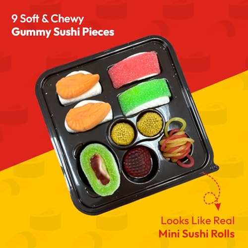 Raindrops Gummy Sushi Candy - 3oz Mini Bento Box, 9 Pcs (Pack of 1) - Fun & Vibrant Gummies - Made w/Delicious & Various Candies - Perfect for Parties, Gifts & Unique Snacks - Ideal for Kids & Adults