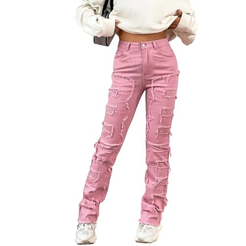 Women Ripped Stacked Jeans Distressed Straight Leg Denim Pants