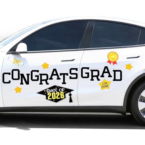 Image of Graduation Magnetic Car Decoration 2026 Congrats Grad Banners Car Parade Decor Signs Refrigerator Decal Magnetic Stickers Garage Door Magnets Graduation Party Supplies Black