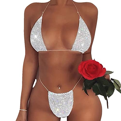 Navoky Sparkle Rhinestone Swimwear Bikini Crystal Bra Sequin Underwear Summer Beach Swimsuit for Women and Girls (White)