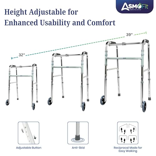 Image of ASMOFIT Foldable Walker with Wheels - Lightweight, Adjustable Height, Sturdy Frame for Elderly Support, Easy Mobility Aid for Seniors