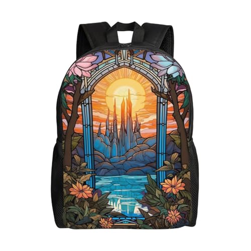 Teen Unisex Backpack Stained Glass Landscape 16Inch Durable Backpack Gym Casual Daypack for Women Men Gift