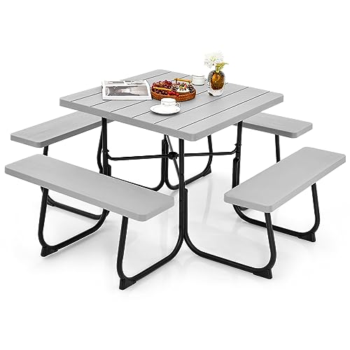 Image of Tangkula 8 Person Picnic Table, Outdoor Square Picnic Table with 4 Built-in Benches, Umbrella Hole, Metal Frame & HDPE Tabletop, Outside Table and Bench Set for Backyard, 2300lbs Weight Capacity