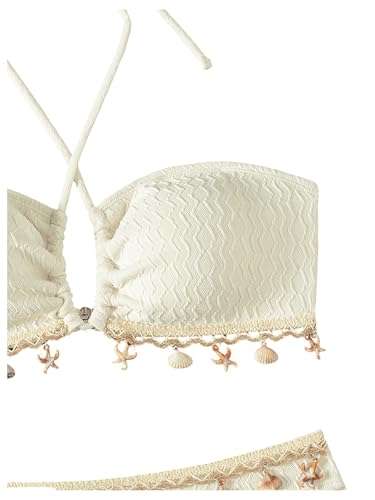 SweatyRocks Women's 2 Piece Halter Bikini Set Shell Textured Cheeky Solid Summer Beach Swimwear Bathing Suit4