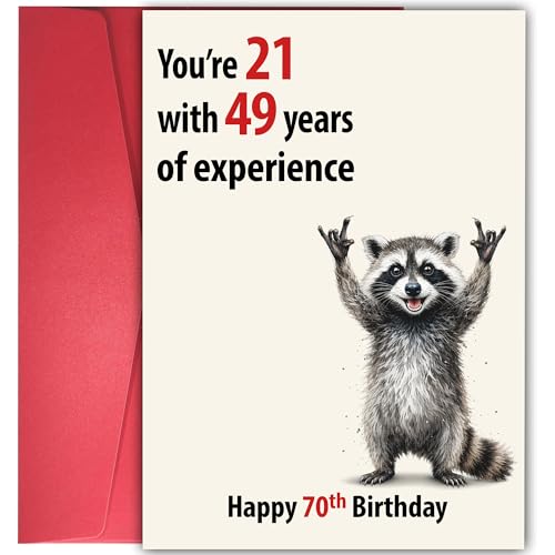Nestura Funny 70th Birthday Gifts for Men Women - Cute Happy Raccoon 21 with 49 Years of Experience Card - Cool 70th Birthday Gifts for Women