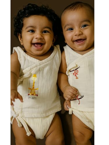 Image of Organic Cotton Muslin Jabla for Babies | Unisex Crinkled Angarka Jhabla | Soft Breathable Baby Product | Ivory Sleeveless Vest | All Season Wear | Pack of 2 | 6-12 Months