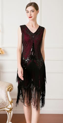 Image of Women Flapper Dresses 1920s V Neck Beaded Fringed Great Gatsby Club & Night Out Dresses