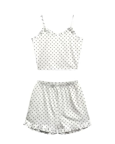 Cetieo Womens Pajama Sets 2 Piece Cute Ruffle Pjs Summer Lounge Tank Top Short Sets Loungewear (US, Alpha, Medium, Regular, Regular, polka dot-01) - image 4