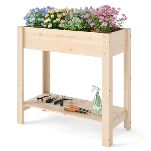 HOMASIS Jardinière surélevée avec étagère, bac à plantes en bois de sapin avec trou de drainage, parterre de fleurs surélevé pour jardin, balcon, terrasse (naturel clair, 81 x 37 x 77 cm)