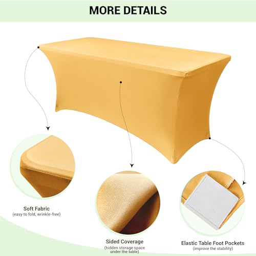 Image of Obstal 8Ft Stretch Spandex Table Cover for Standard Folding Tables - 2 Pack Universal Rectangular Fitted Tablecloth for Party, Banquet, Events, Trade Show (Gold, 96L x 30W x 30H Inches)