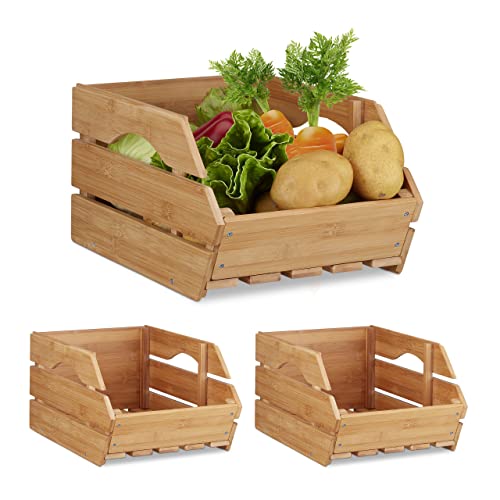 Relaxdays 3 Cajas de Almacenaje Apilables, Bambú, Beige, 20,5 x 27 x 38 cm
