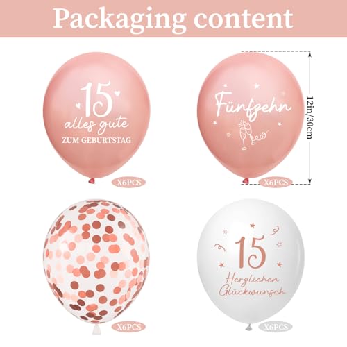 Luftballons 15 Jahre Geburtstag, 24 Stück Deko 15. Geburtstags Mädchen, 15 Alles Gute zum Geburtstag Ballons, Roségold 15. Geburtstagsdeko, 15th Birthday Ballon für Tochter