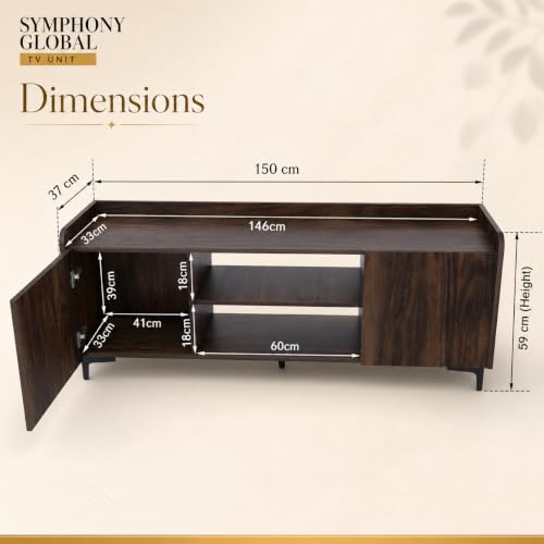 Image of Studio Kook Symphony Global 150 cm TV Unit, Junglewood | 150 cm engineered wood TV cabinet for 40-65 inch TVs, with two side cabinets, open shelves and a 70 kg tabletop capacity.
