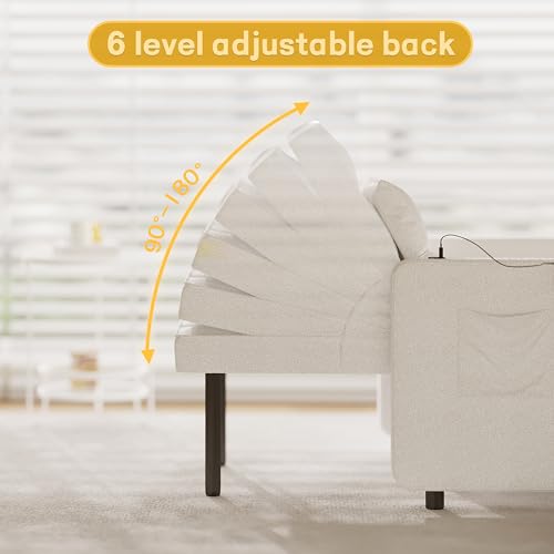 Vabches Chenille Sofa Bed Couches with Wing Table and USB Ports Outlet, 3-in-1 Sofa Chair Bed with Two Pillows, Chenille Sleeper Chair with Adjustable Backrest, Easy Assembly, Cream