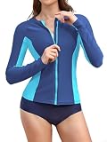 SHEKINI Womens Rashguard Shirts Long Sleeve UPF 50+ Rash Vest with Zip UV Protection Sports Swim Tops, Blue Light Blue, Medium