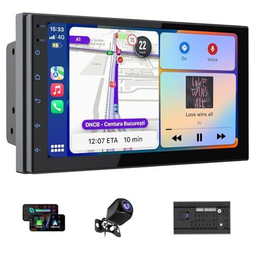 Haudio Radio de Coche 2 DIN, Pantalla Táctil de 7 Pulgadas con CarPlay Inalámbrico & Android Auto, Soporta Control por Voz/FM/Mirror Link/AUX/Navegación GPS/Bluetooth 5.2 con Cámara 2+ 64GB