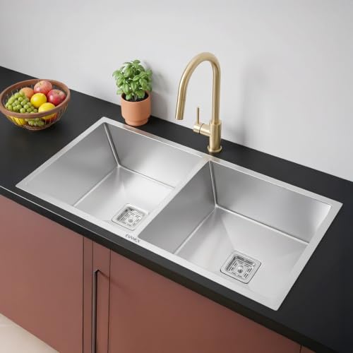 Image of EVANEX Double Bowl Kitchen Sink 45x20x10 inch Double Sink for Kitchen 304 Stainless Steel Handmade Kitchen Sink Including Couplings, Waste Pipe, Connector and Drain Basket