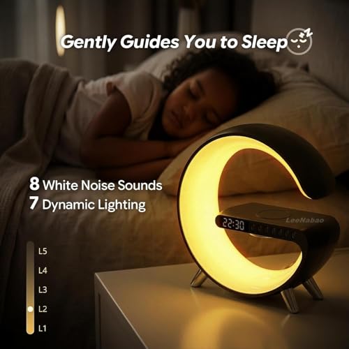Image of 5 in 1 LED Table Lamp with Wireless Charging Bluetooth Speaker | App Controlled Night Light Alarm Clock for Christmas Birthday Gifts for Teens Adults Desk Office Bedroom Decor