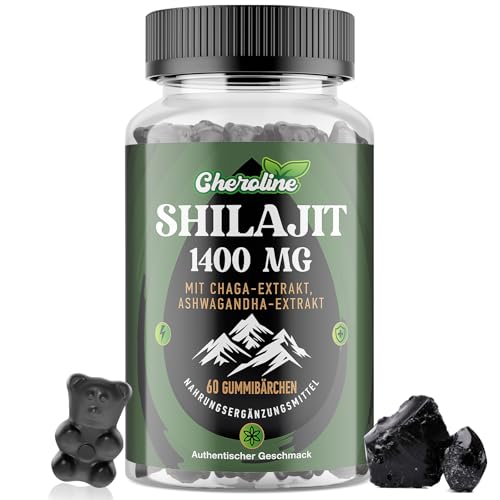 Shilajit 1400 mg Gummibärchen Hochdosiert mit 20:1 Extrakt Standardisiert auf 5% Fulvinsäure mit Chaga & Ashwagandha Extrakt Zink & Selen Vegan und Zuckerfrei (60 stück (1er Pack))