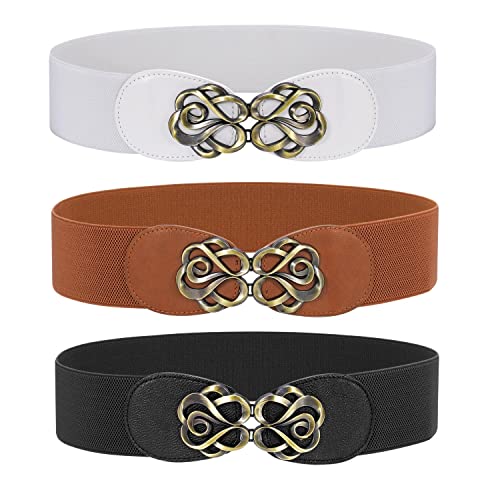 WERFORU 3 Pack Ladies Wide Stretch Belts Vintage Thick Elastic Waist Belts for Dress