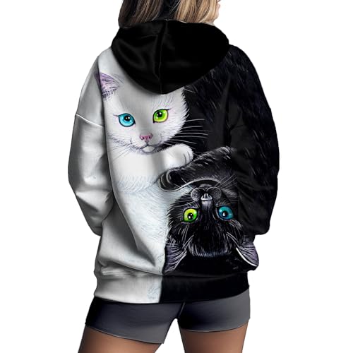 ADDARTS Womens Cat Sweatshirt Zip Up Hoodie Black White Cat Face Sweaters Funny 3D Printed Fall Jacket Novelty Pullover L
