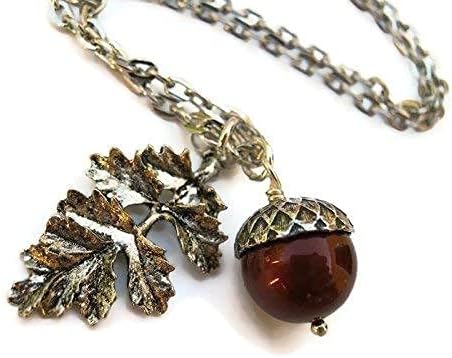 Personalized Acorn Necklace, Designer Faux Pearl Necklace, Antiqued Silver Jewelry, Leaf Branch Autumn Nature, CHOOSE Color, Handmade