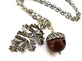 Personalized Acorn Necklace, Designer Faux Pearl Necklace, Antiqued Silver Jewelry, Leaf Branch Autumn Nature, CHOOSE Color, Handmade