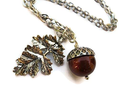Personalized Acorn Necklace, Designer Faux Pearl Necklace, Antiqued Silver Jewelry, Leaf Branch Autumn Nature, CHOOSE Color, Handmade
