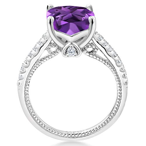 Gem Stone King 925 Sterling Silver Cushion Purple Amethyst and White Created Sapphire Engagement Ring For Women (3.27 Cttw, Available in size 5, 6, 7, 8, 9)3