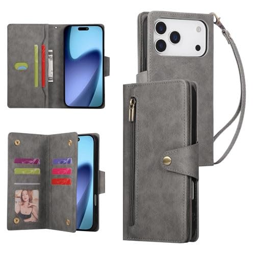 Étui portefeuille iPhone 16 en cuir gris idéal pour vos déplacements